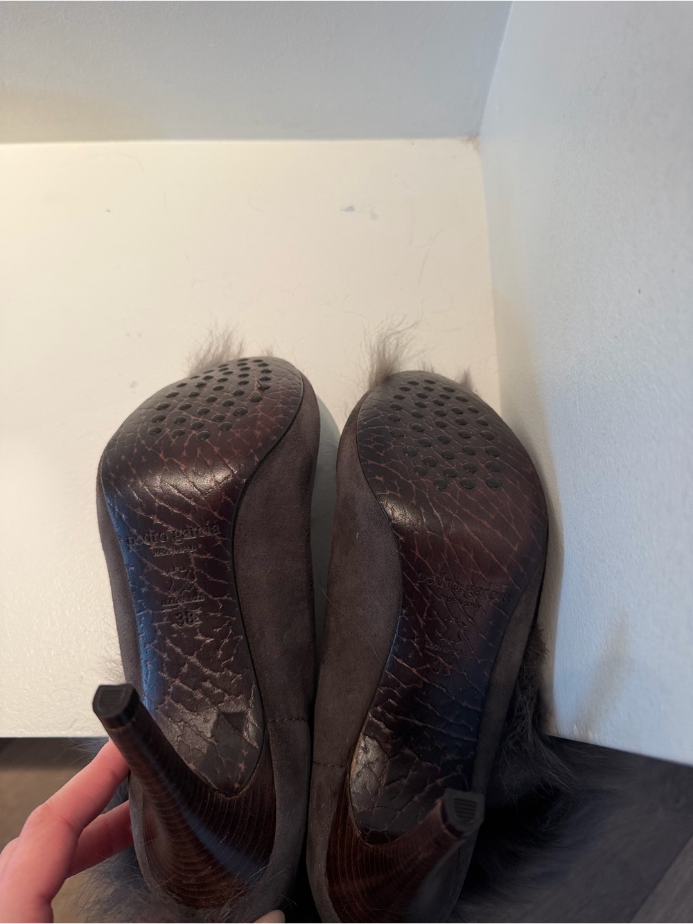 Pedro Garcia Sully Gray Suede Knee-High Fur Heeled Boots Peep Toe - Picture 7 of 7